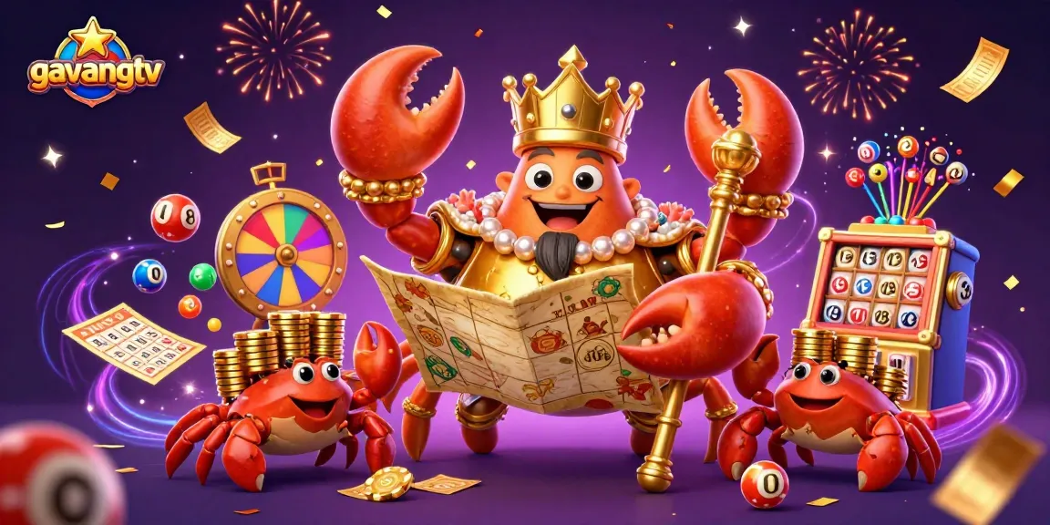 Engage with gavangtv's dynamic lottery scene featuring a golden crab emperor and vibrant game elements.