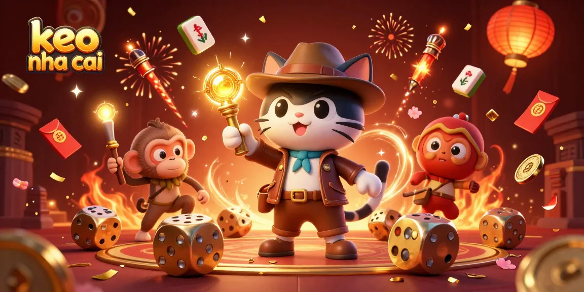 Experience keo nha cai with a cat explorer uncovering golden artifacts amidst festive casino elements.