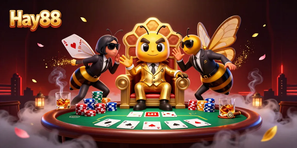 Hay88 players enjoying poker in a vibrant 3D scene, with exciting game elements surrounding them.