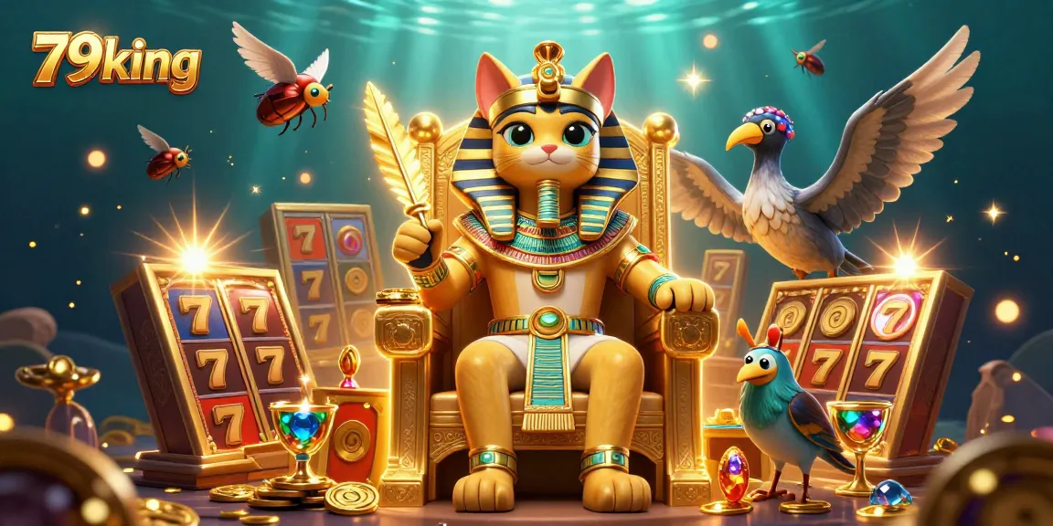 Experience the excitement of 79king with vibrant slot reels and a regal pharaoh cat in this captivating illustration.