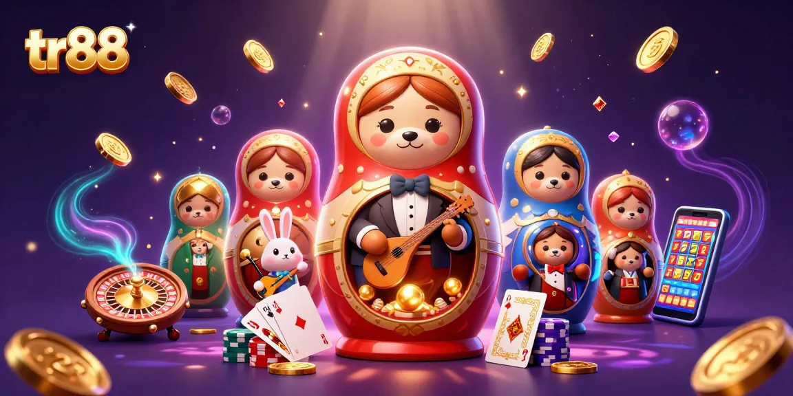 Spin to win at tr88 with dazzling casino-themed illustration featuring a Matryoshka bear!