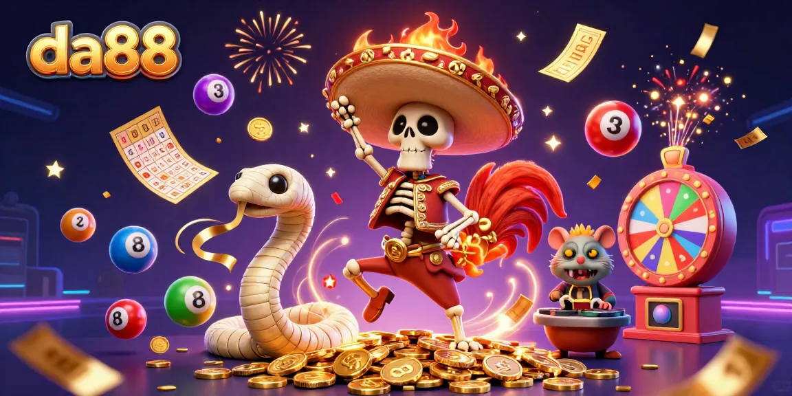 Experience da88's exciting lottery with a lively mariachi rooster dancing on coins.