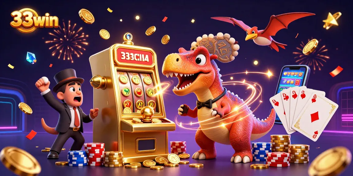 33win promotes excitement with cartoon characters interacting at a vibrant online casino jackpot scene.