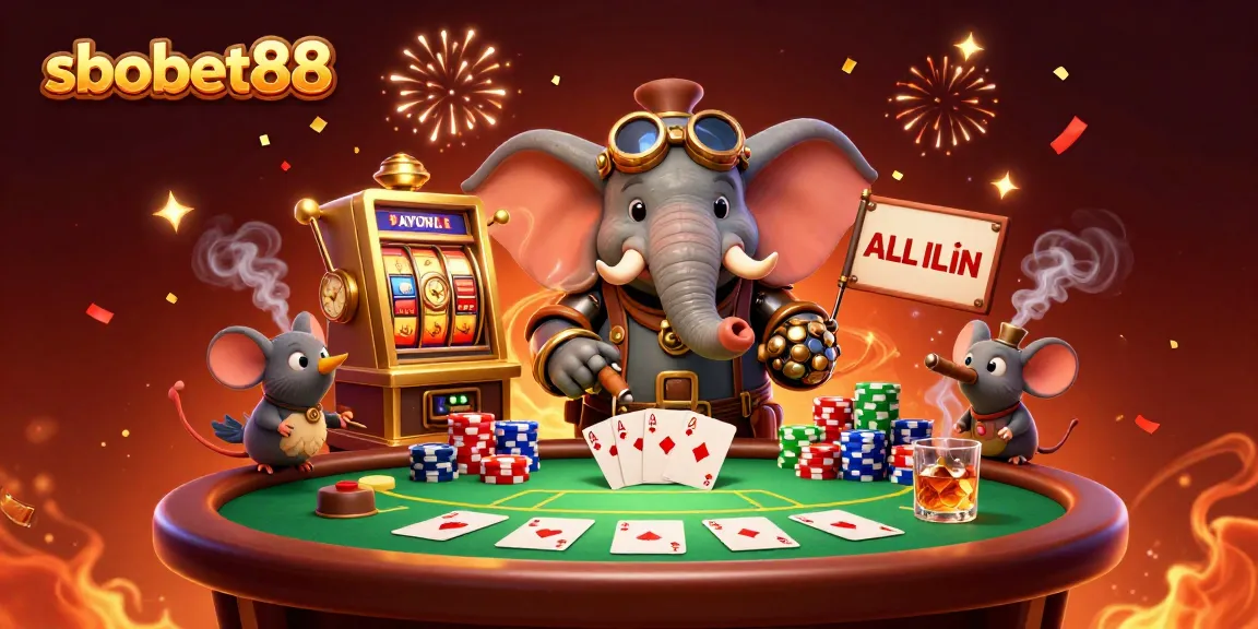 Experience thrilling action with sbobet88 as a steampunk elephant spins a golden slot machine in an exciting casino scene.