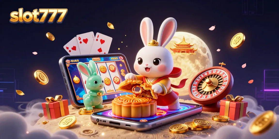 Experience the vibrant atmosphere of slot777 with a moon rabbit surrounded by slots, poker chips, and colorful game elements.