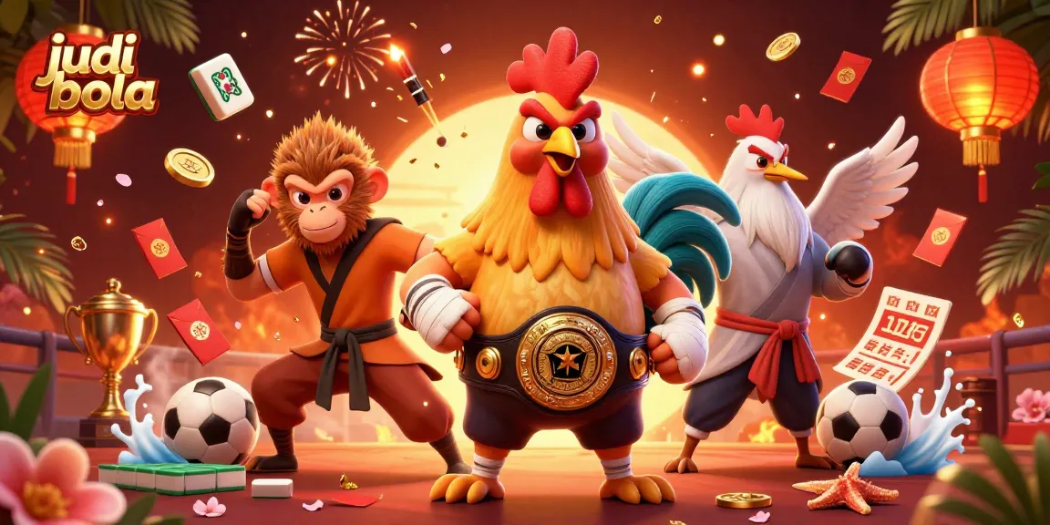 Engage in judi bola with a dynamic scene featuring sports elements and unique characters.