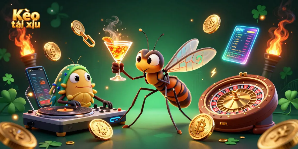 Kèo tài xỉu highlights a lively casino scene with a mosquito mascot, trilobite DJ, and golden roulette.