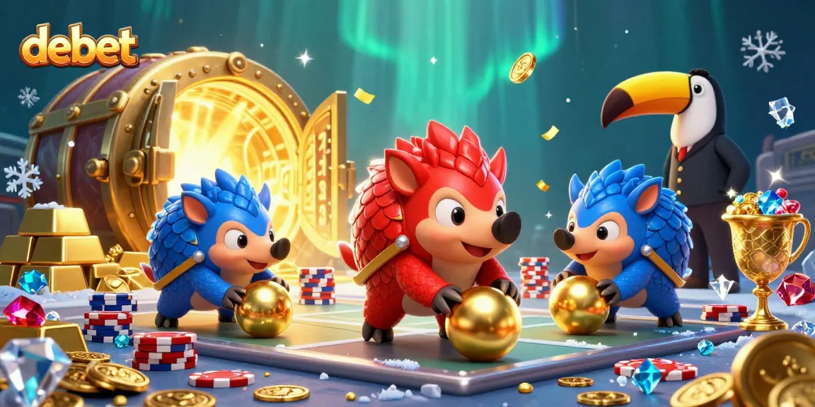 Join the fun with debet as rival pangolins roll golden balls through poker chips in a vibrant casino scene.