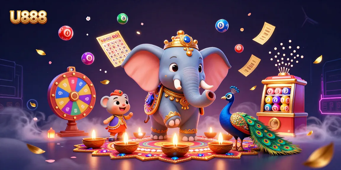 Experience vibrant gaming action with U888 and engaging lottery dynamics in a colorful casino scene.