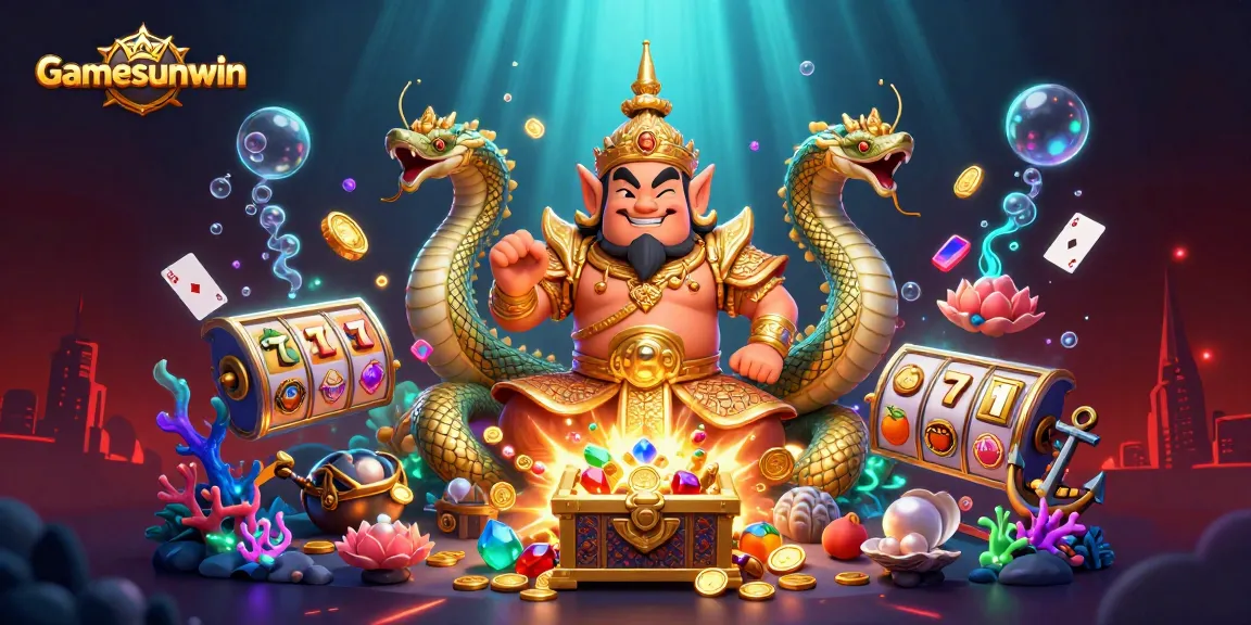 Engage with Gamesunwin in a vibrant casino scene filled with golden treasures and dynamic gaming elements.
