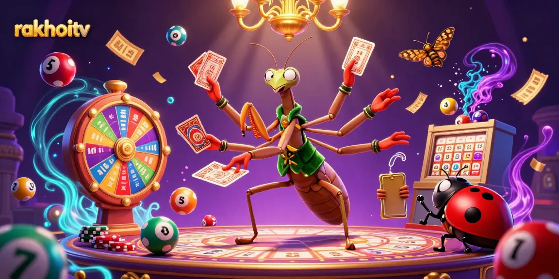 Experience thrilling moments with rakhoitv as a giant praying mantis masterfully deals cards amidst colorful lottery excitement.
