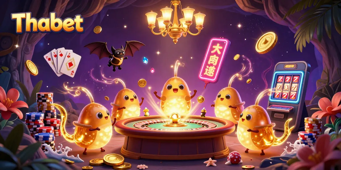 Thabet glowworms illuminate a colorful cave casino, enhancing gaming excitement.