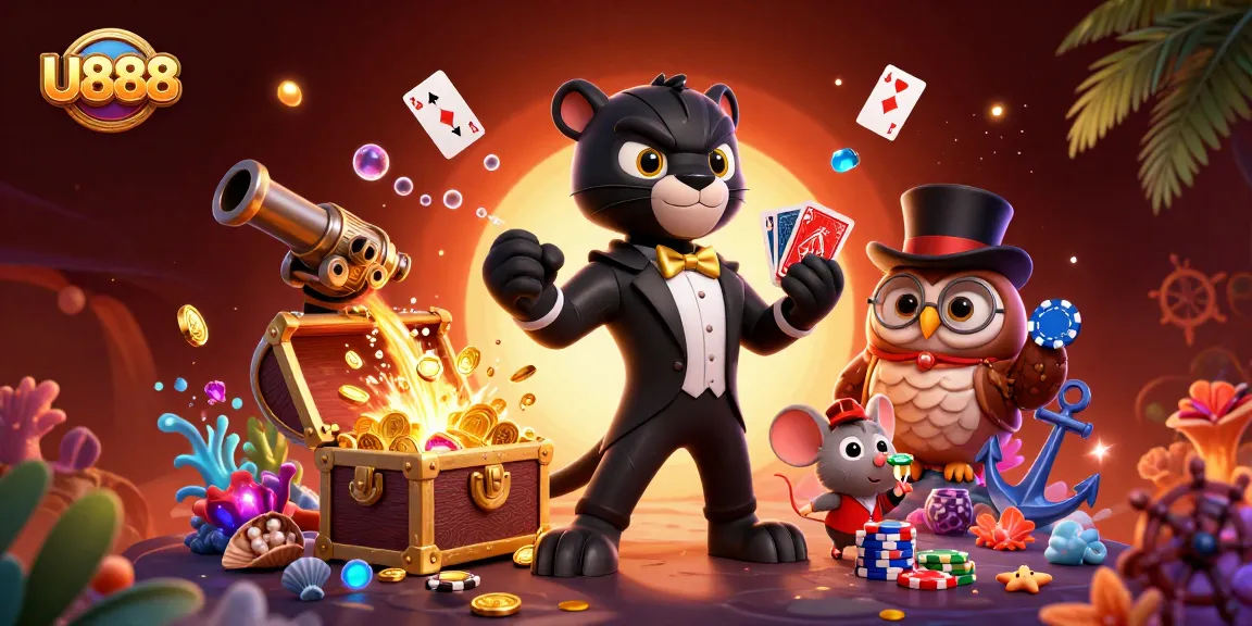 Experience thrilling games with U888 featuring a stylish tuxedo panther and friends amidst vibrant treasures.