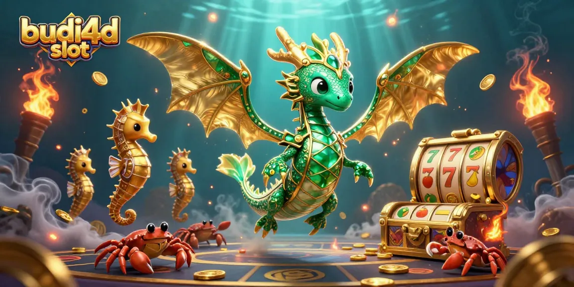 Play budi4d slot with a mythical sea dragon amidst treasure and gold coins in a vibrant casino illustration.