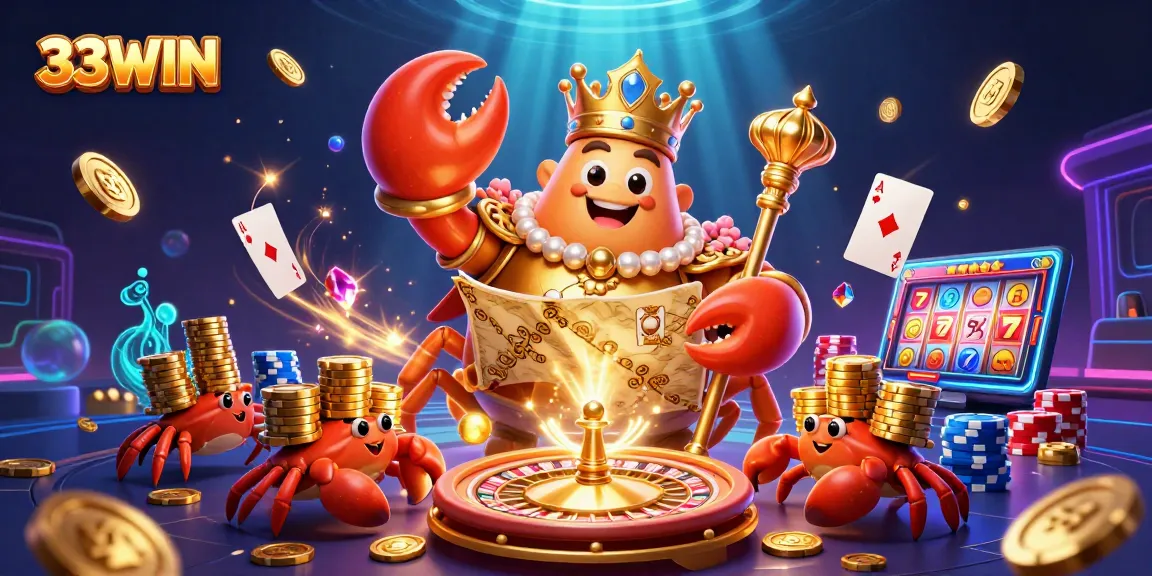 Engage with 33WIN's thrilling gaming experience featuring a golden crab and vibrant casino elements.