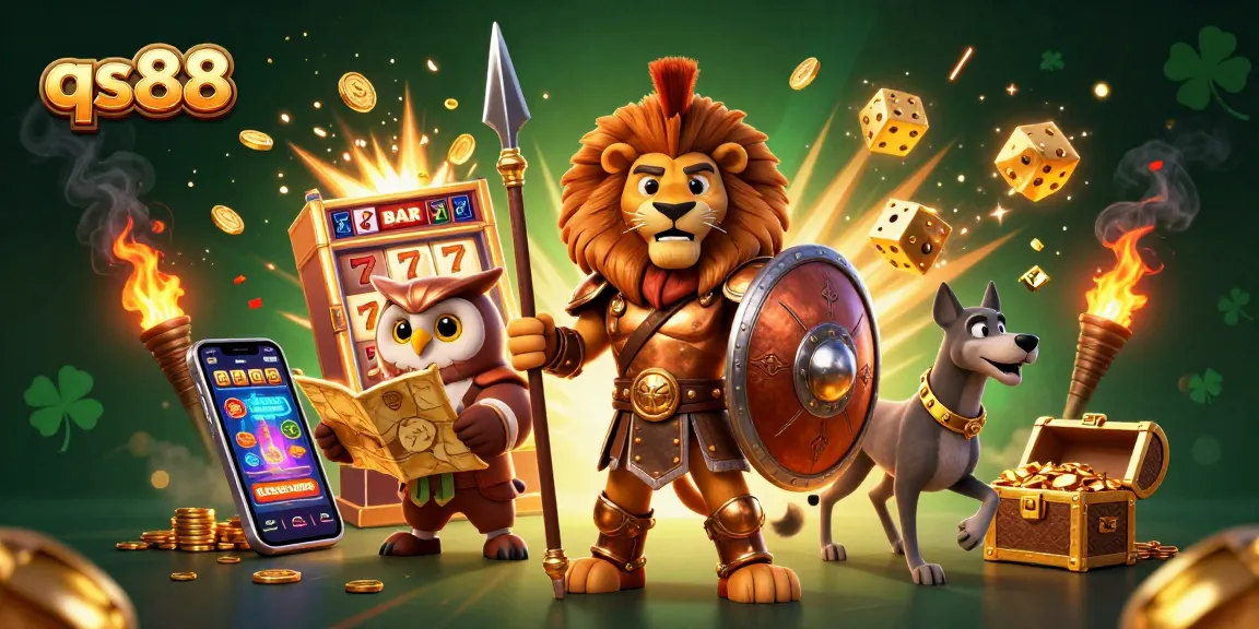 Spin to win at qs88 with a vibrant 3D gaming scene filled with treasures and jackpot excitement.