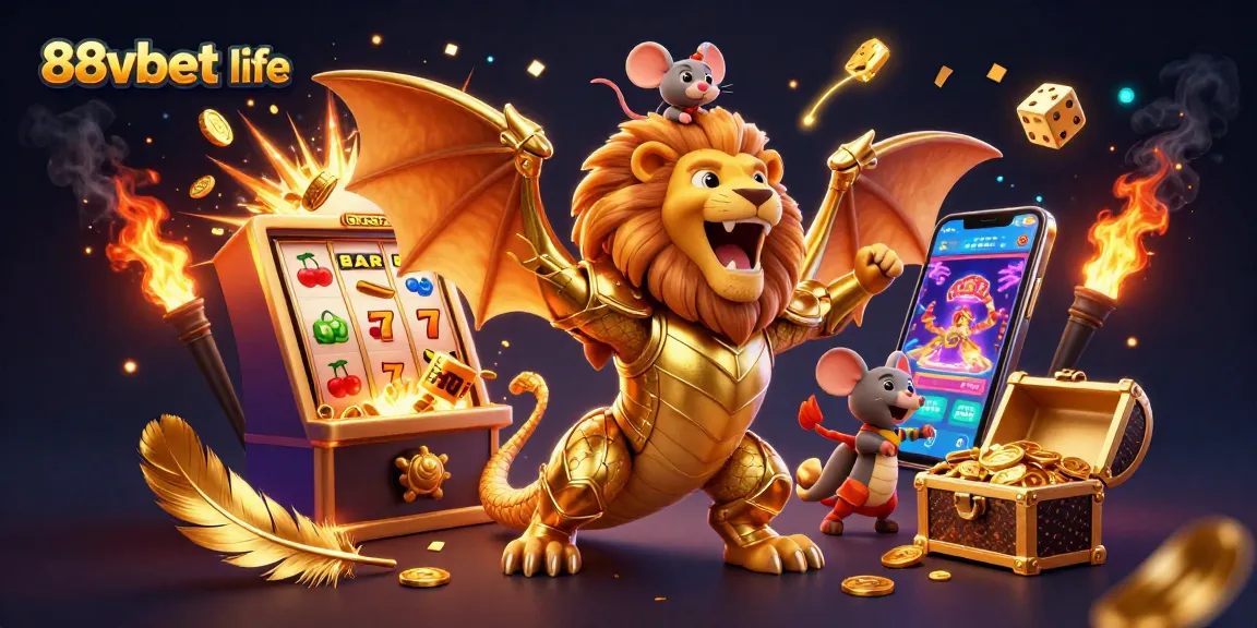 Win big with 88vbet life as a triumphant chimera and mouse jockey celebrate over a jackpot explosion.