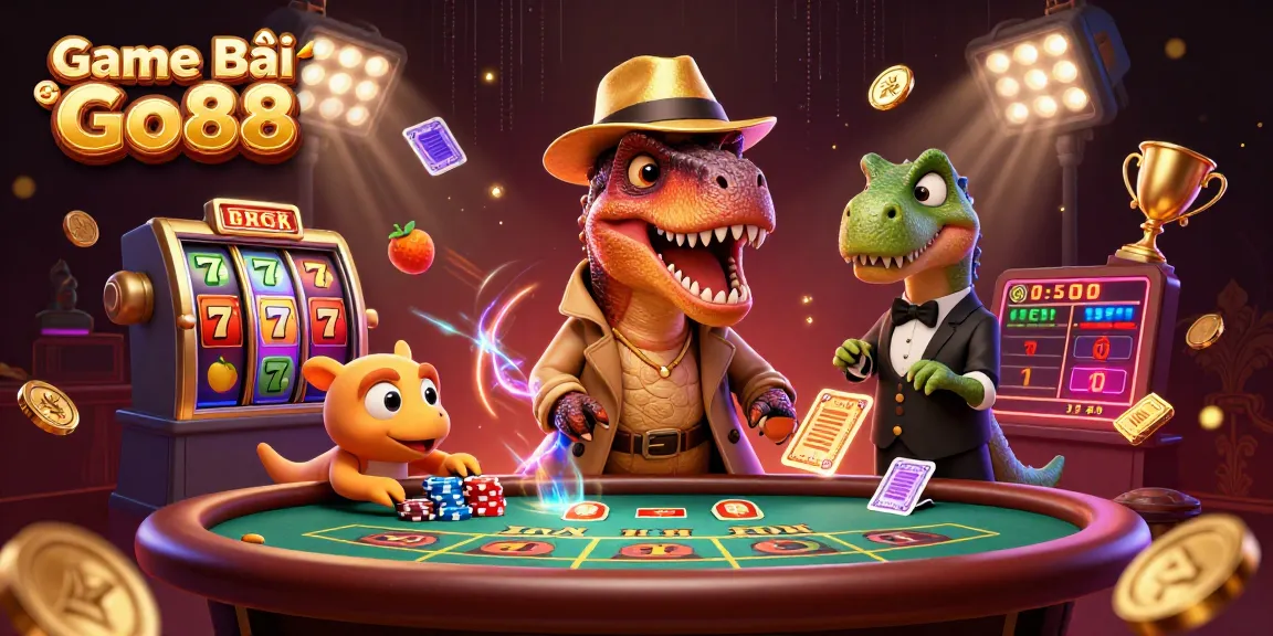 Experience thrilling gameplay with Game Bài Go88 alongside vibrant casino elements and dynamic characters.