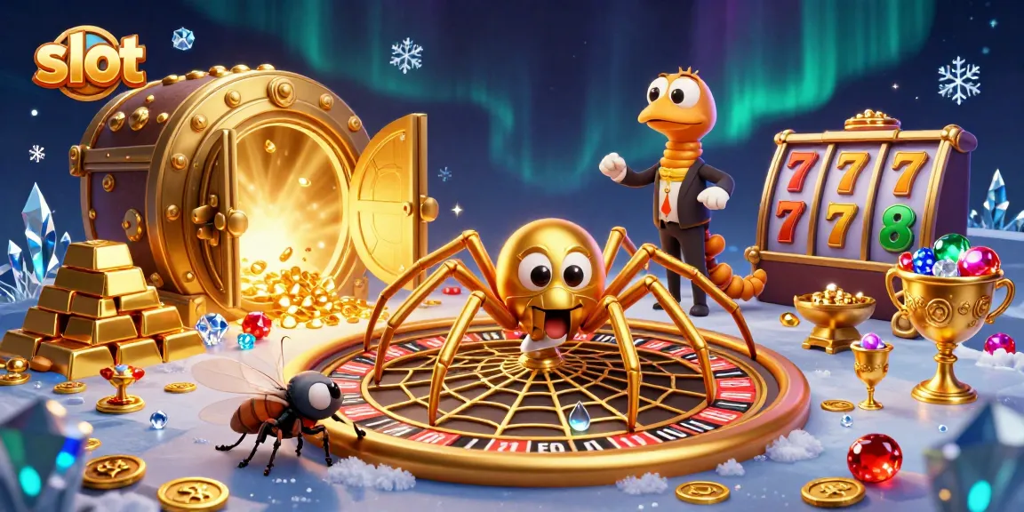 Experience thrilling slot action with a cartoon spider, fly, and centipede in an engaging casino scene.