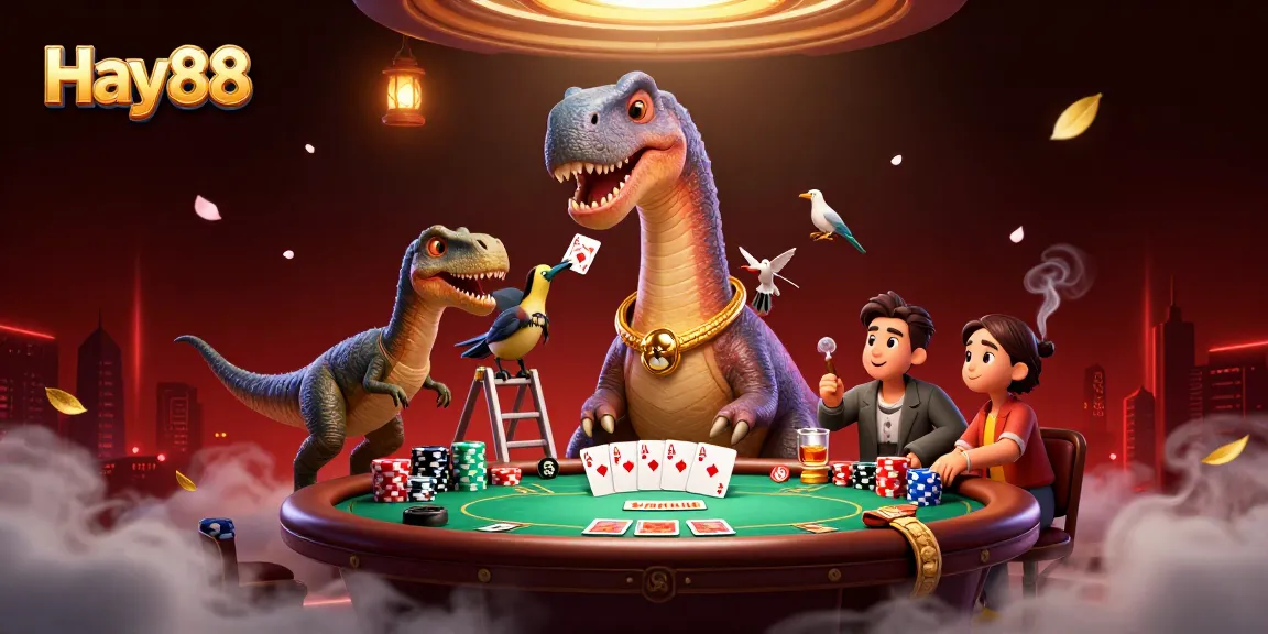 Engage in thrilling card games at Hay88 with a giant brontosaurus overlooking a poker table.