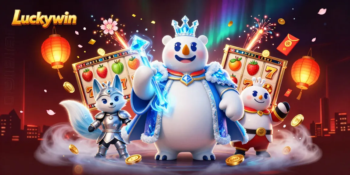 Engage with Luckywin's vibrant slot games featuring a 3D cartoon ice king and festive visuals.