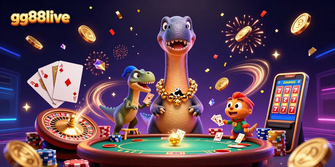 Experience the exciting atmosphere of gg88live with a giant brontosaurus amidst casino action.