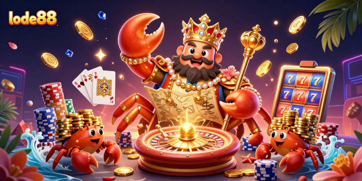 Experience exciting lode88 games with a giant golden crab emperor amid coins and poker chips.