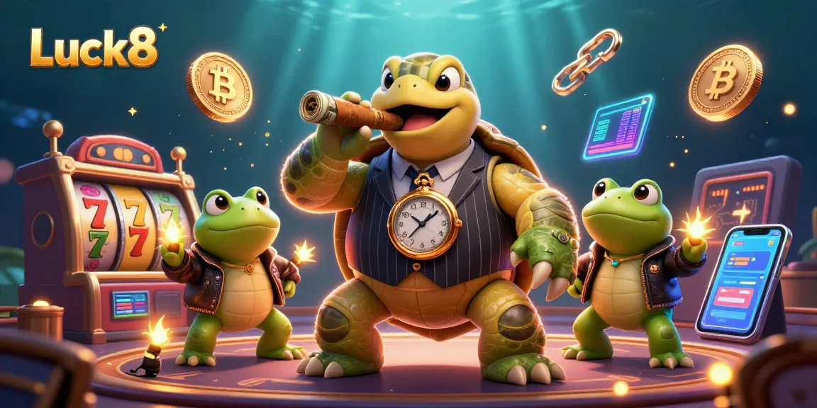 Luck8 showcases a vibrant casino scene with a snapping turtle and bullfrog characters amidst slot reels and crypto coins.