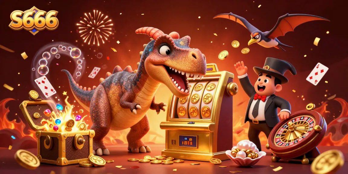 Pachycephalosaurus interacts with a golden slot machine at S666 casino, capturing golden coins amidst vibrant celebratory effects.