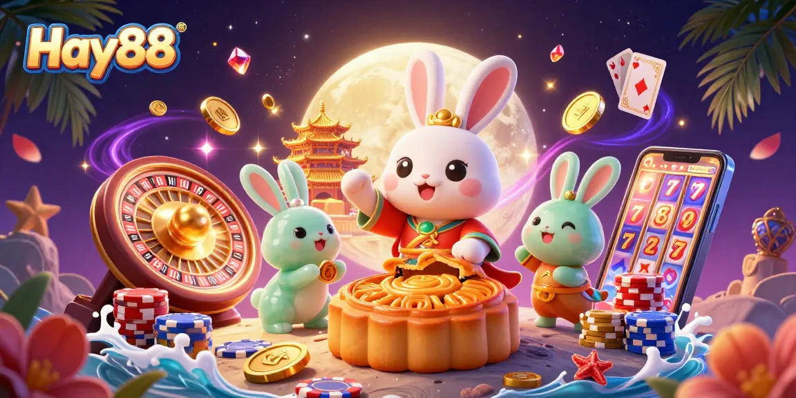 Experience Hay88 with an engaging 3D scene of lucky moon rabbits and casino elements.