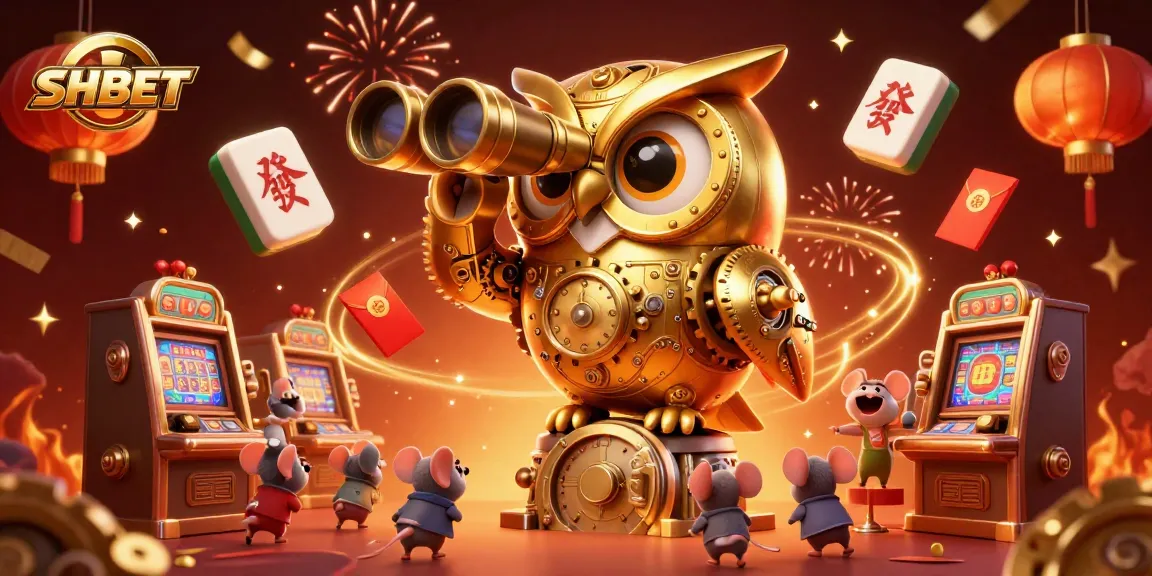 SHBET captivates players with a vibrant casino scene featuring iconic elements like a golden owl and lively game symbols.